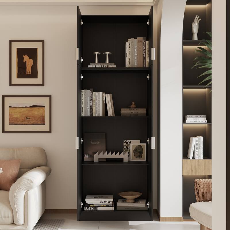 Bookshelves Tall Black Storage Cabinet with Doors, 90.6" Freestanding Pantry Cabinet, Modern Vertical Organizer
