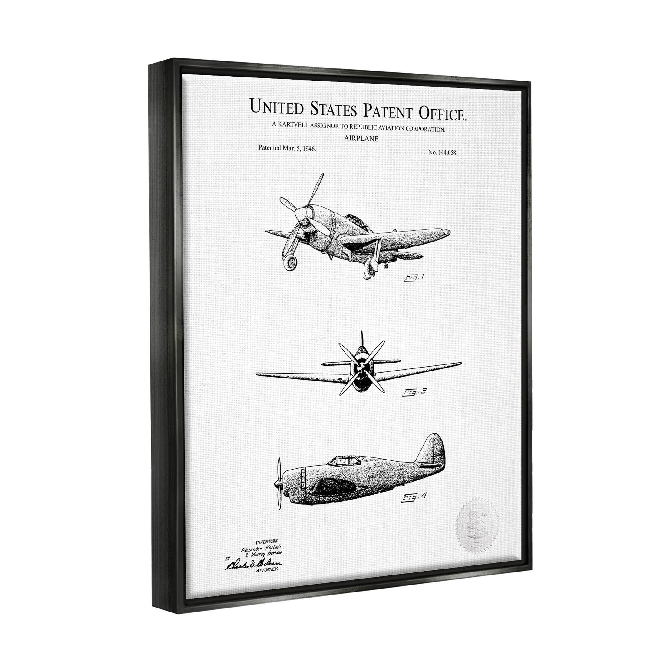 Stupell Industries Intricate Airplane Diagram Patent Framed Floater Canvas Wall Art, Design by