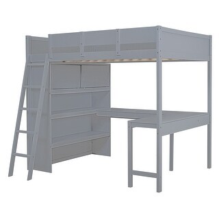 Space-Saving Full Size Wood Loft Bed with Desk and Shelf, Grey