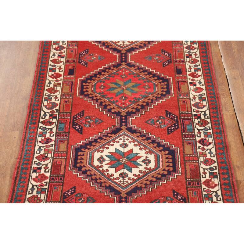 Geometric Ardebil Persian Vintage Runner Rug Handmade Wool Carpet - 3'7"x 10'7"