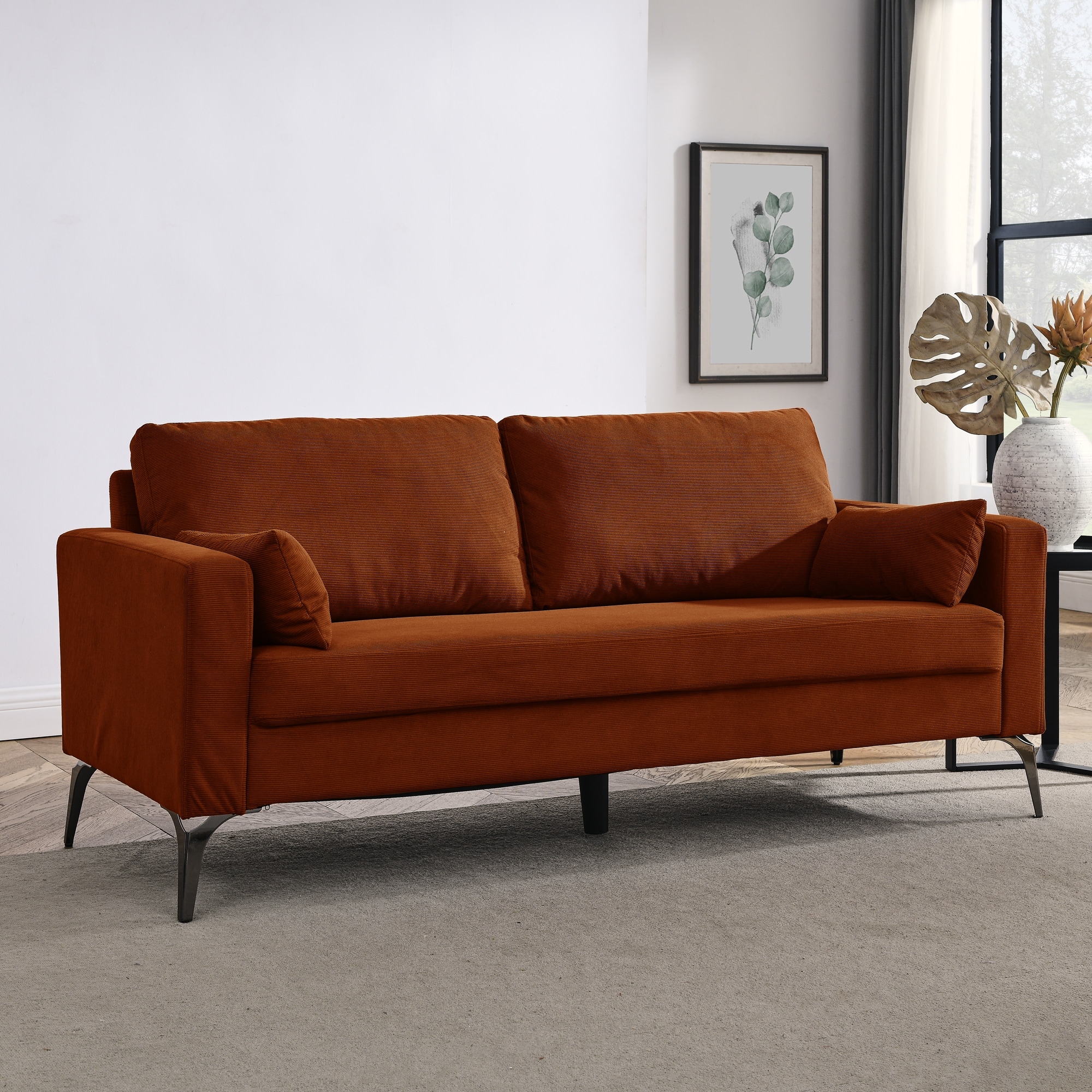Corduroy Fabric Sofa with 2 Throw Pillows Modern 3 Seater Couch with Square Arms and Tight Back for Living Room Orange
