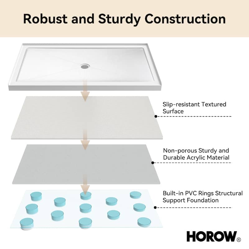 HOROW 60 x 36 Inch Alcove Shower Pan Base in White with Center Drain