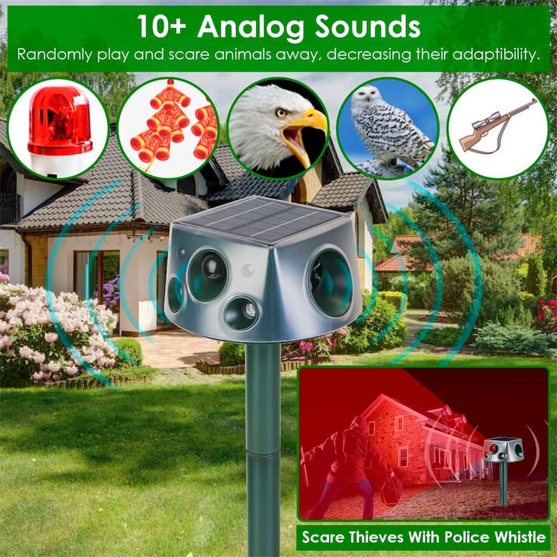 Ultrasonic Solar Animal Repeller with 6 Modes Motion Sensor Vibration Stake