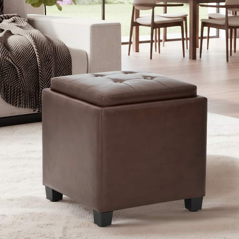 RENEWLINE ​18" Square Storage Ottoman with Tray - 250LBS Weight Capacity, Leather Upholstered Footstool for Living Room - 1 - Brown