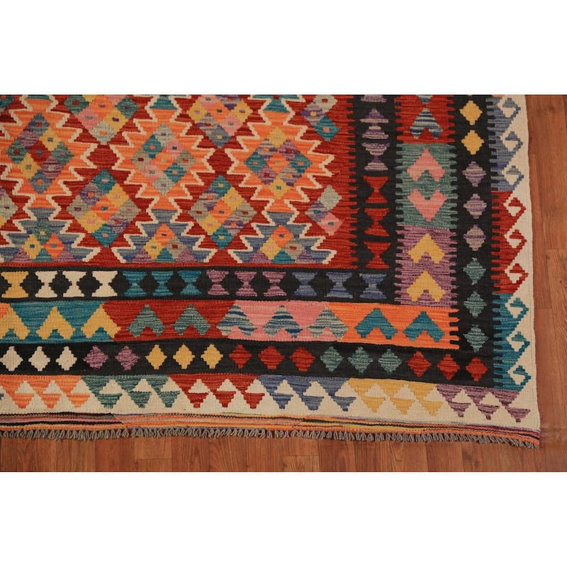 Geometric Kilim Area Rug Hand-Woven Oriental Wool Carpet - 8'4"x 11'1"