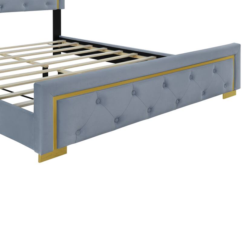Velvet Upholstered Platform Bed With Pull Point Headboard And Metal Wire Frame