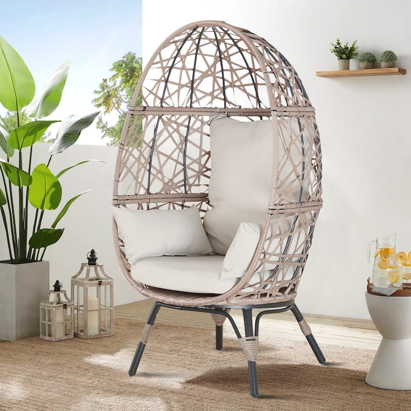 Patio Rattan Egg Chair with Cushion and Pillow - Beige