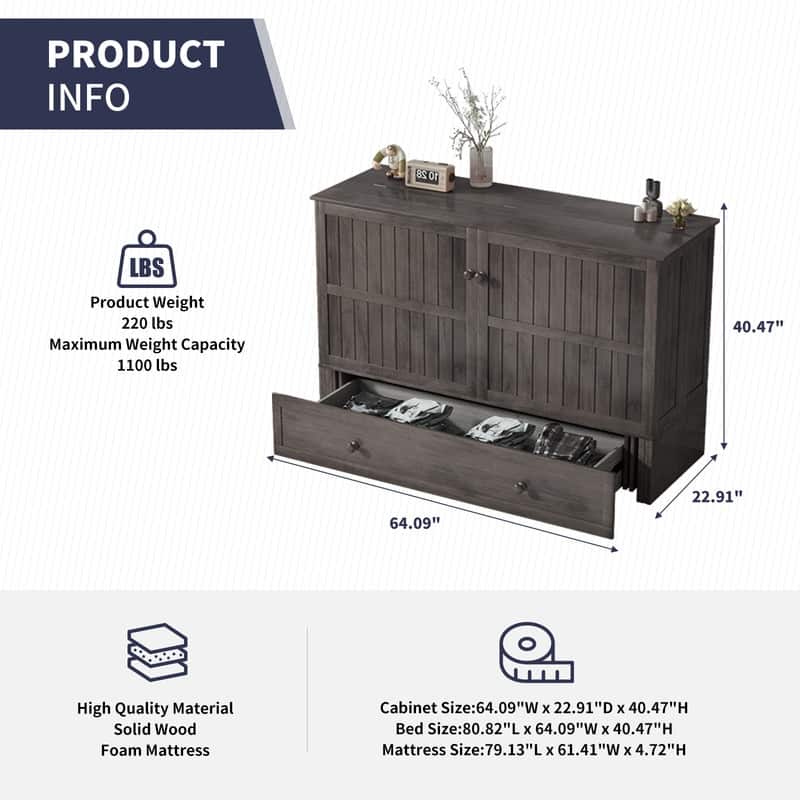 Mixoy Modern Murphy Bed Cabinet Chest with Mattress & Storage Platform