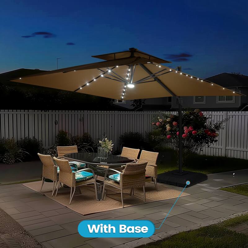 11FT Patio Cantilever Umbrella LED Lights Double Top Umbrella with 4-Piece Fillable Weighted Base