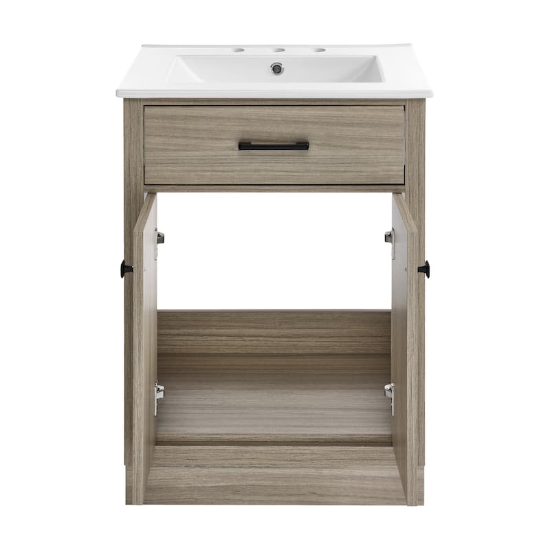 Burdon 24 In. Brown Oak Bathroom Vanity With White, 3-Hole Ceramic Sink Top
