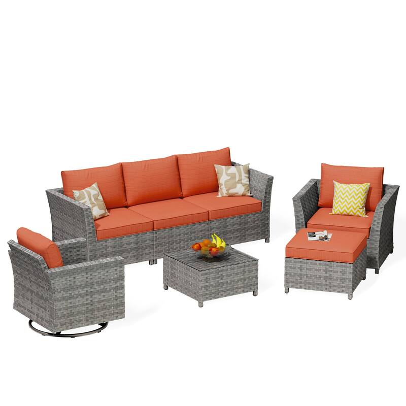 HOOOWOOO 7-piece PE Wicker Outdoor Furniture Sectional Set with Swivel Rocking Chair