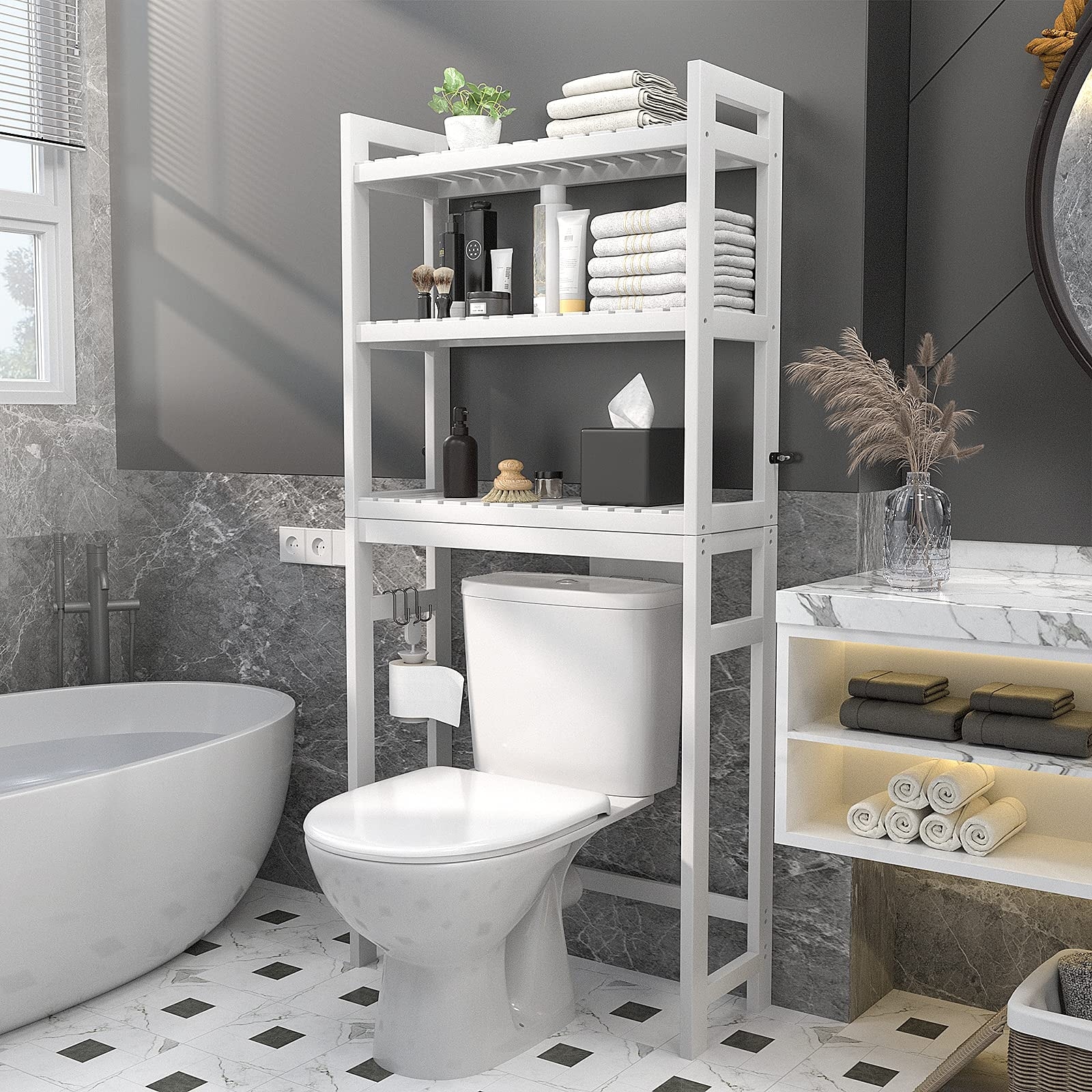 Over The Toilet Storage Shelf, Bamboo 3-Tier Above Toilet Storage Rack with 3 Hooks