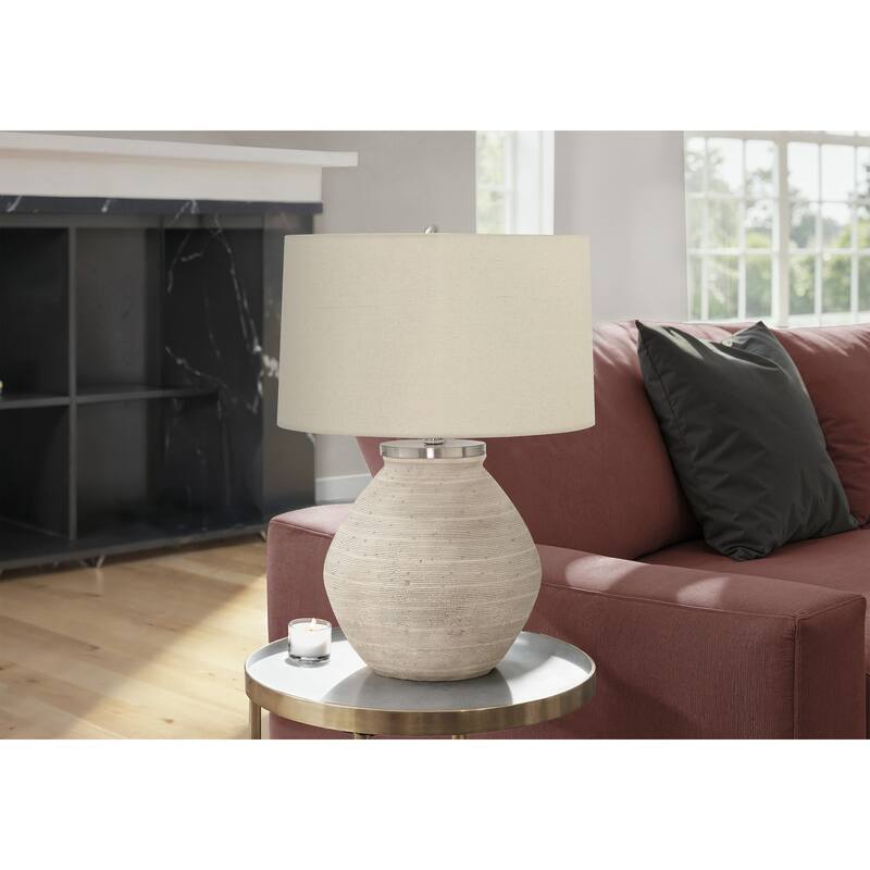 Concrete Table Lamp with Linen Shade 3 Way Switch Contemporary Design - Cream