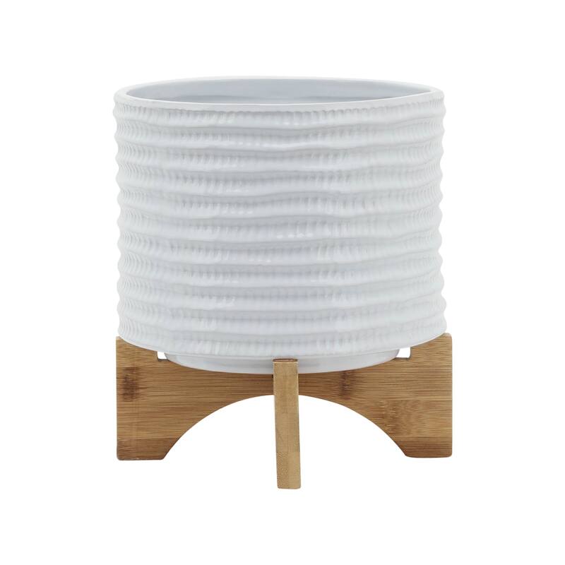 Sagebrook Home Neutral Modern Textured Ceramic Planter with Wood Stand