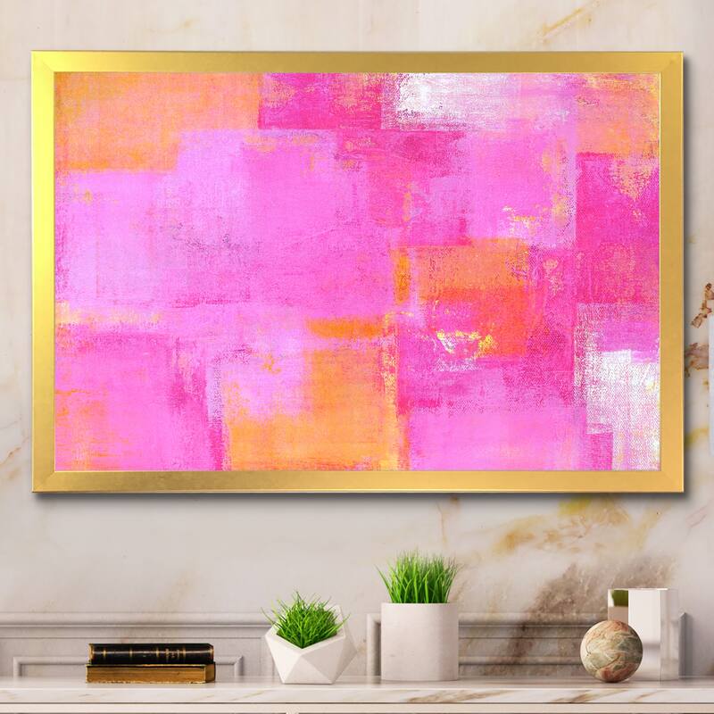 Designart "Pink And Orange Colorfields II" Modern Framed Art Print - 20 In. Wide x 12 In. High - Gold