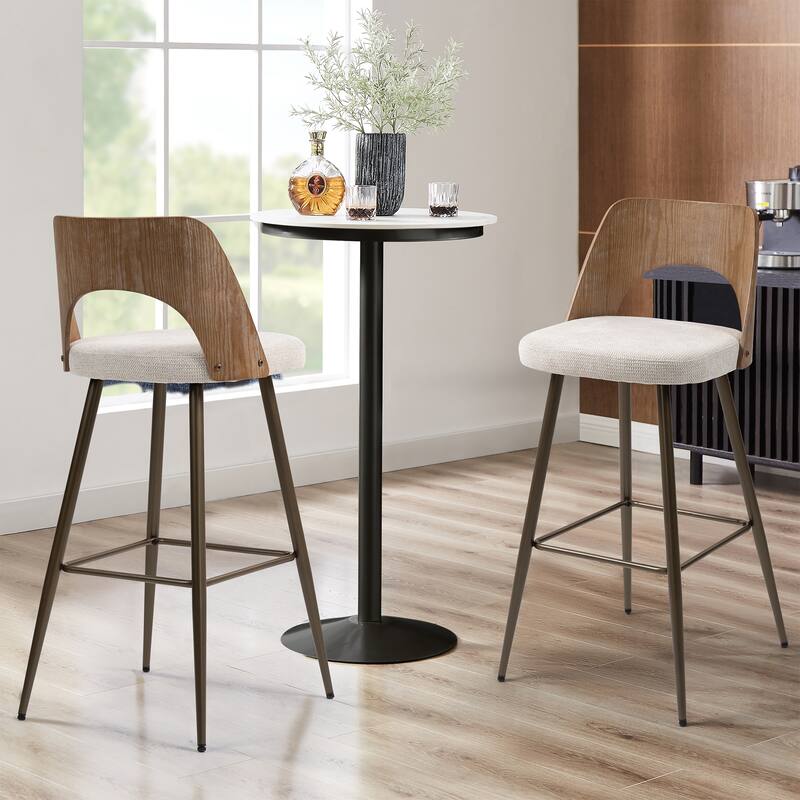 Set of 2 Bethan Beige Boucle Fabric Bar Stool with Wood Back