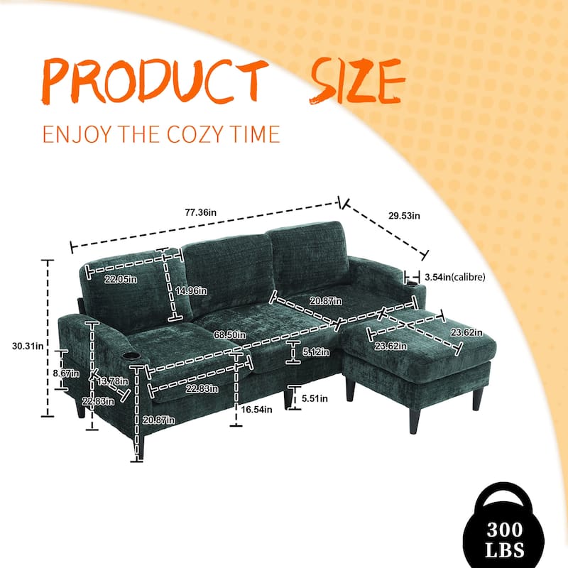 HOMEFUN Chenille Upholstered L-Shaped Living Room Sofa with Storage Ottoman
