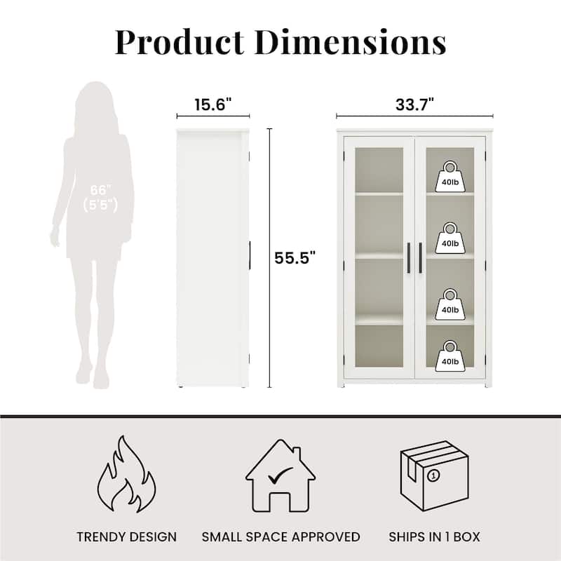 Rossetta Modern Sleek White Curio Cabinet with Glass Doors and Ajustable Shelves