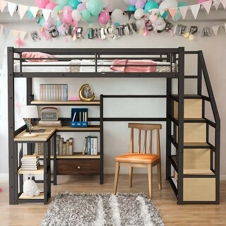 Full Size Loft bed With Staircase,Built-in Desk And Shelves for Home