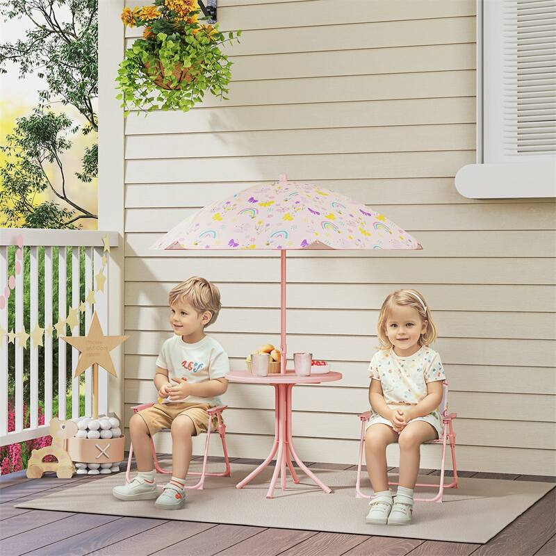 Kids Outdoor Table and Chair Set with Adjustable Umbrella and Steel Frame for Comfortable Seating - Rainbow