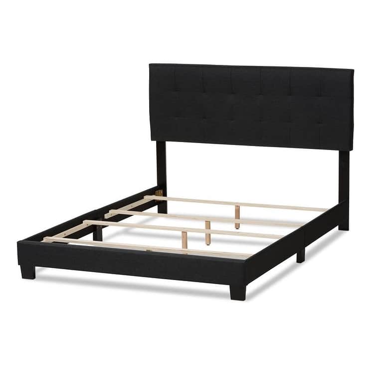 Queen Size Bed with Padded Headboard - Charcoal Grey Fabric Platform Bed Frame, Modern Design