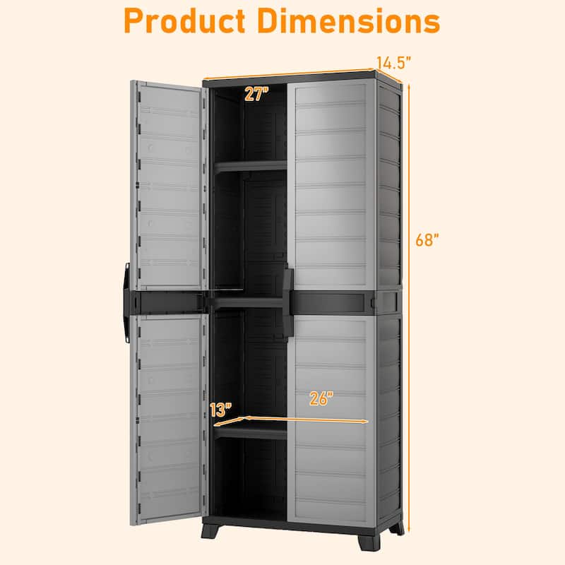 Black and Gray Tall Storage Cabinet with Adjustable Shelves Plastic Utility Cupboard for Garage Kitchen or Laundry Room
