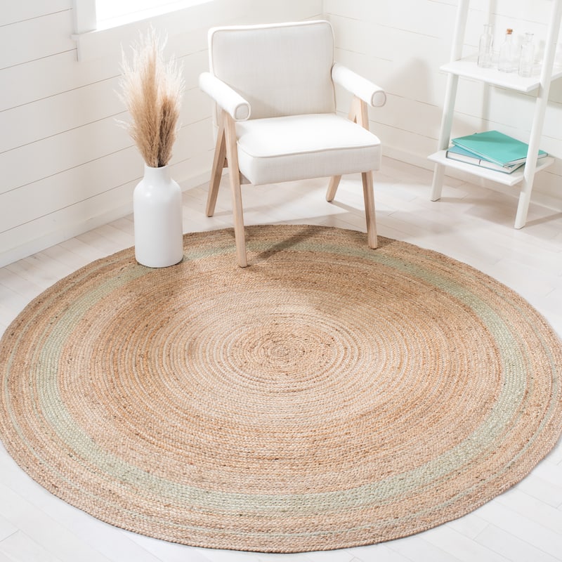 SAFAVIEH Handmade Natural Fiber Averi Border Jute Rug - 6' Round - Green/Natural