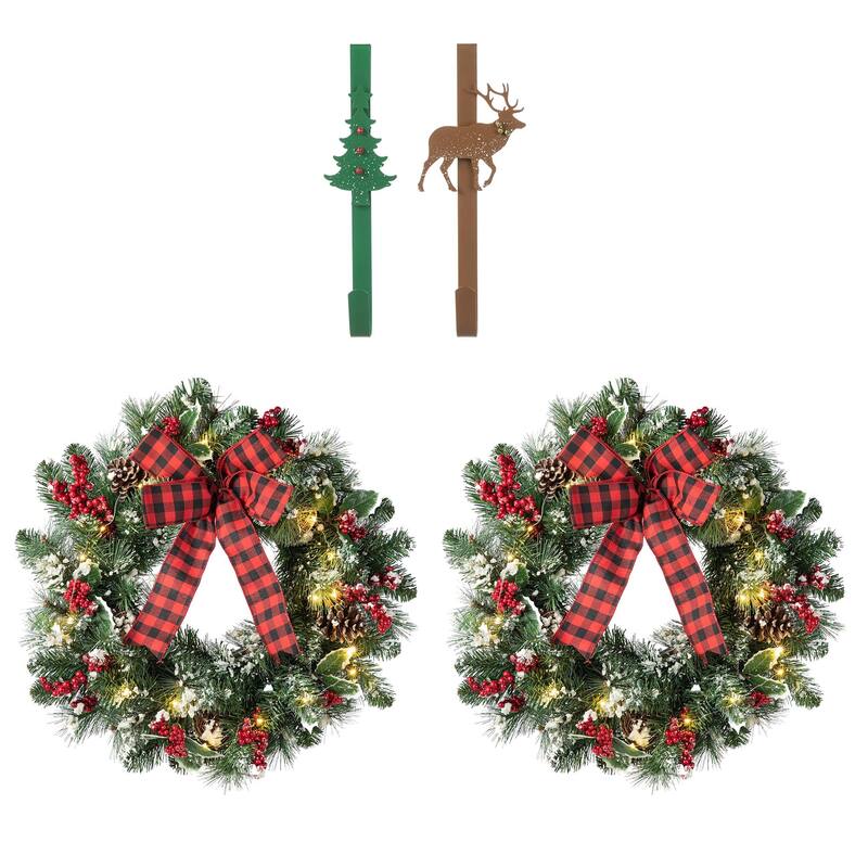Glitzhome 24"D Snow Berry Twig Ball Pinecone Holly Pine Wreath with Lights & Timer