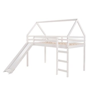 Wood Twin Size Loft Bed with Slide & Ladder, Solid Wood Loftbeds Frame with Safety Guardrail & Roof for Kids Teens Boys or Girls