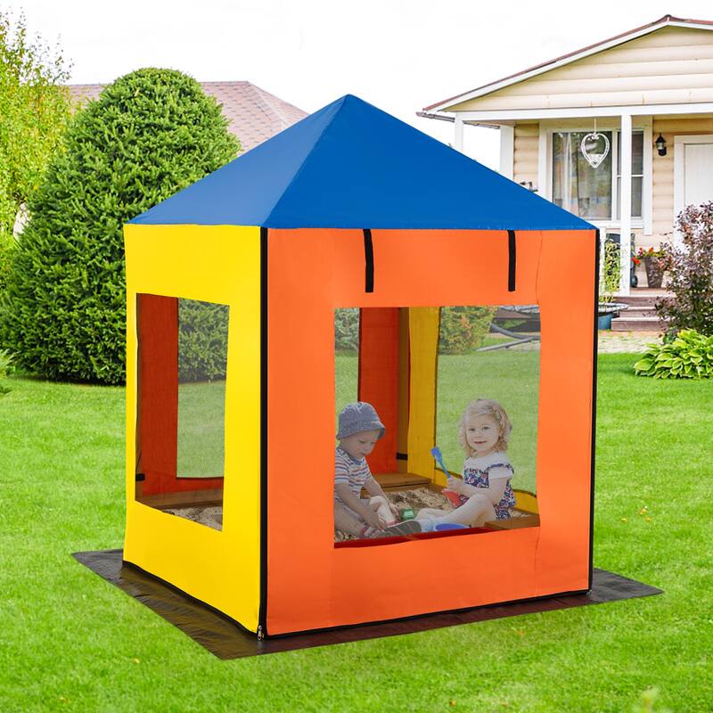 Multicolor PE Wood Kids Sandbox with Canopy, Storage Benches and Ventilated Design - 43.5" x 43.5" x 61" (L x W x H)