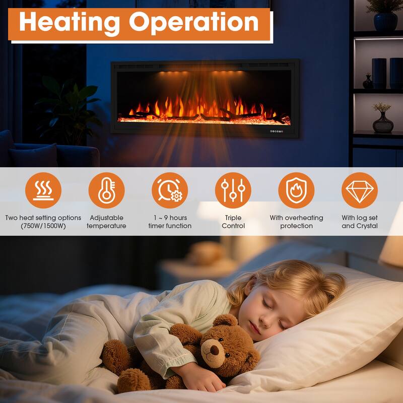 44" 1500W Modern Inserted Wall Mounted Smart Electric Fireplace Heater with APP Control and Remote - 44" L x 6.3" W x 17.72" H