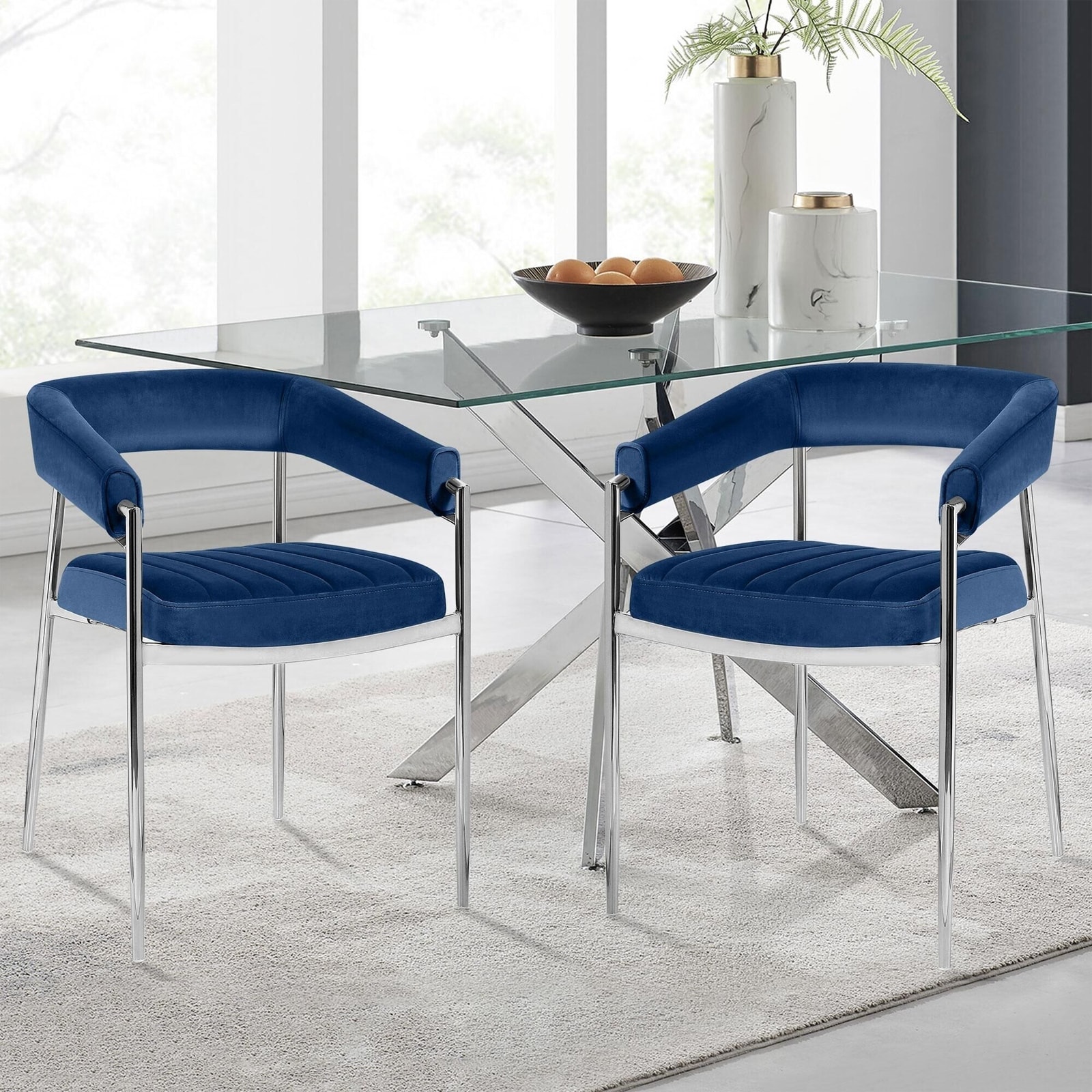 Modern Velvet Upholstered Dining Chairs with Chrome Metal Legs - 21.5"W x 20.9"D x 29.7"H