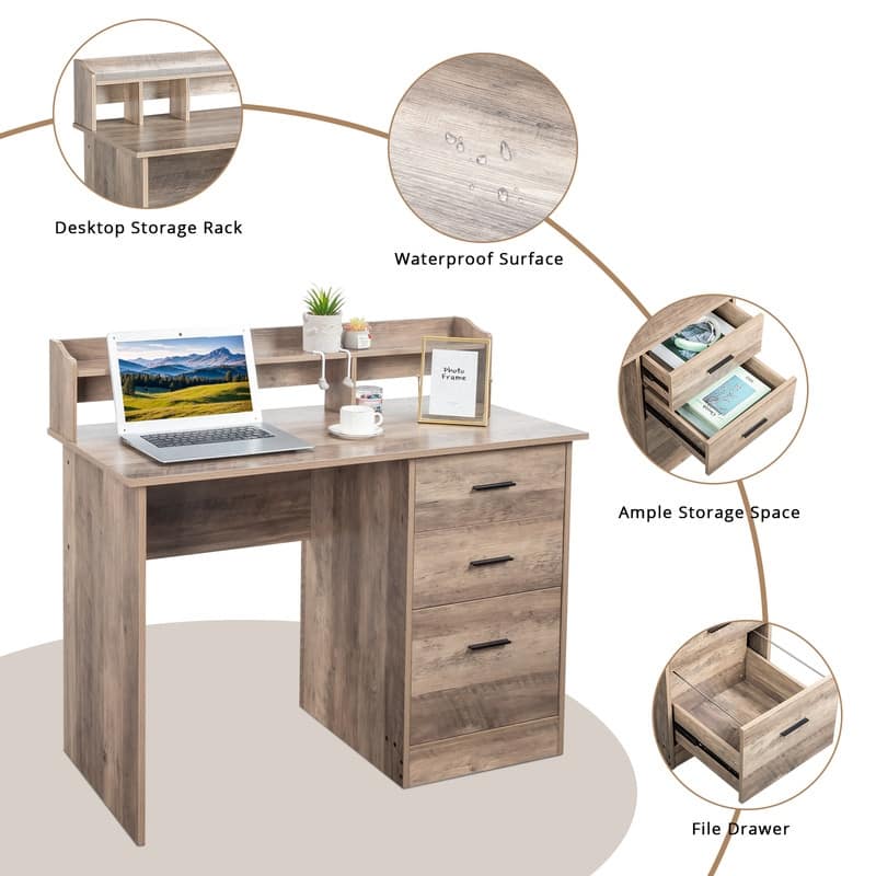 43.31" 3 Drawers Wooden Computer Desk with Letter File Cabinet