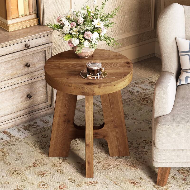 Round Solid Wood End Table, Couch Side Bedside Accent Table for Bedroom Living Room