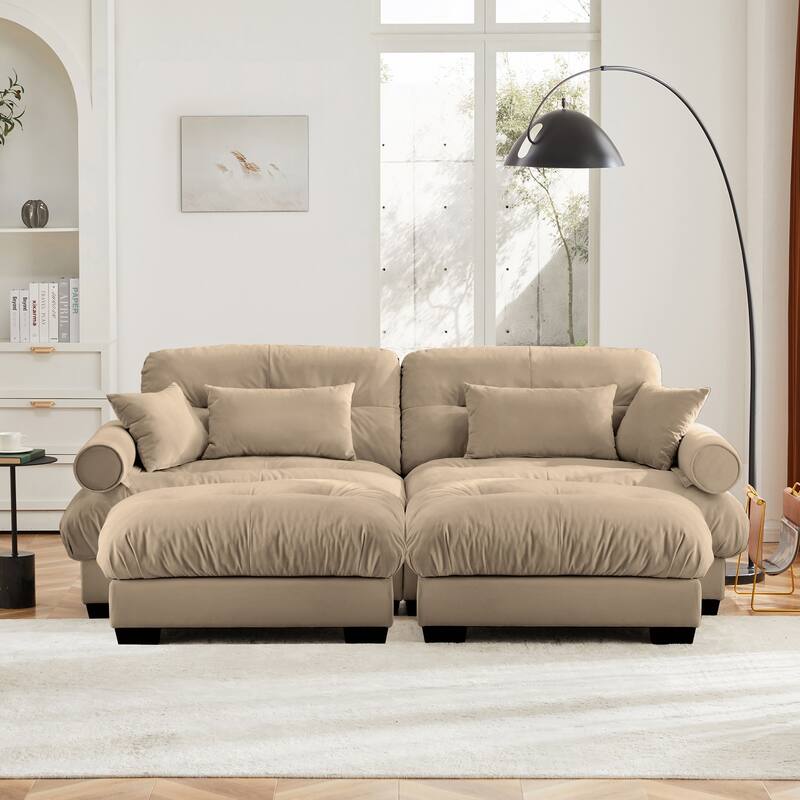 Modern Sectional Couch Comfortable Upholstered Sofa Set with Lumbar Pillow and Throw Pillow for Living Room - 2 Seats + 2 Ottoman - Camel