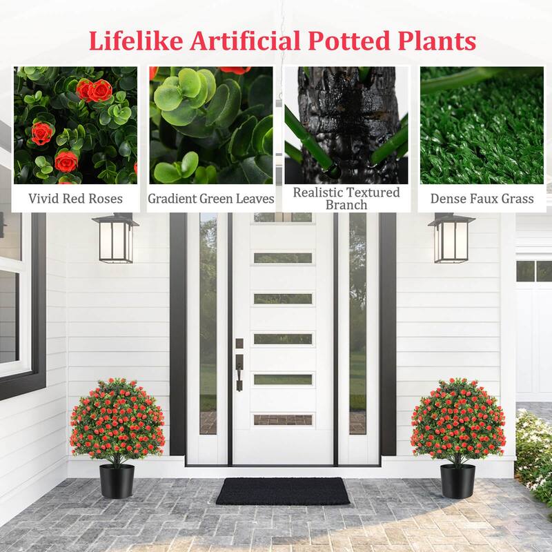 Costway 2 Pack Artificial Rose Topiary Ball Tree Faux Shrub Bushes - Green & Red & Black - See Details