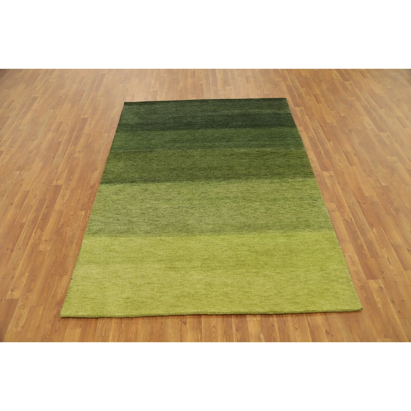 Hand Knotted Oriental 100% Wool Carpet Modern Stripe Green Gabbeh Area Rug - 7' 9'' X 5' 7''