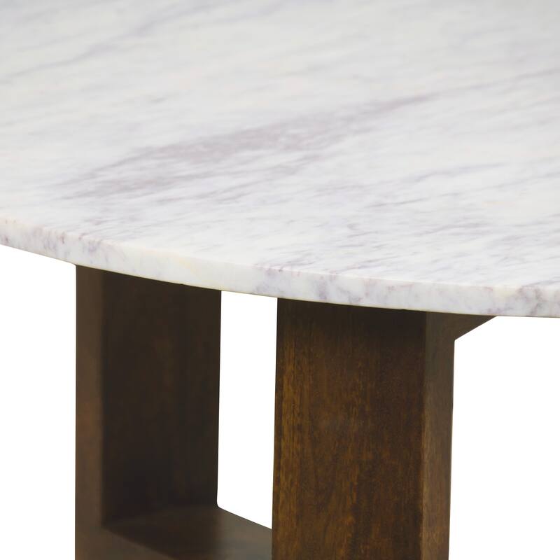Fina Table, Round White Genuine Marble Top, Natural Brown Mango Wood 3 Leg Sled Base