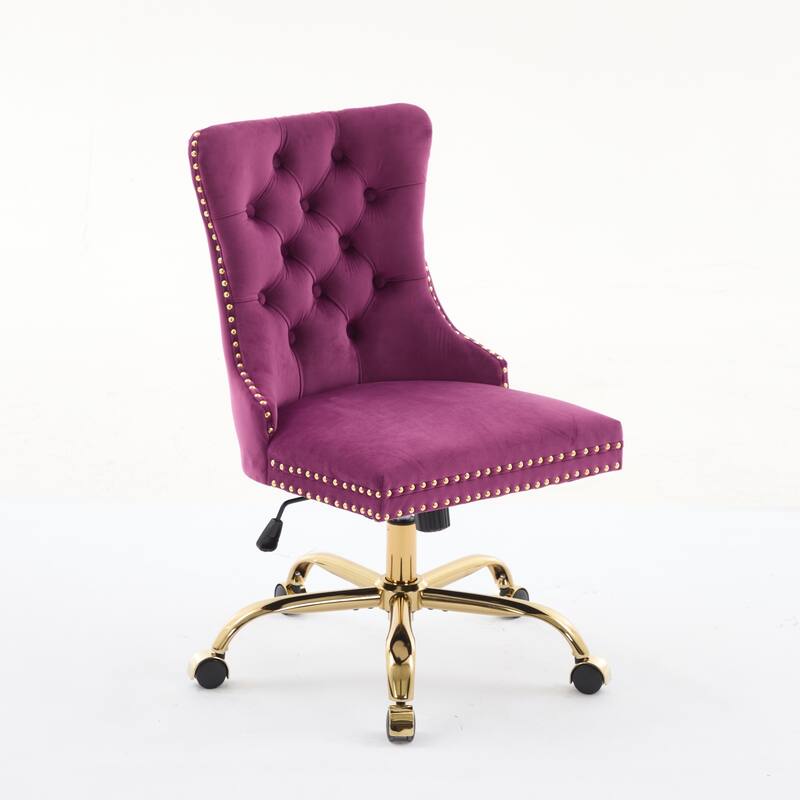 Velvet Swivel Office Chair with Wheels, Tufted Button Home Office Chair, Adjustable Vanity Chair with Metal Base