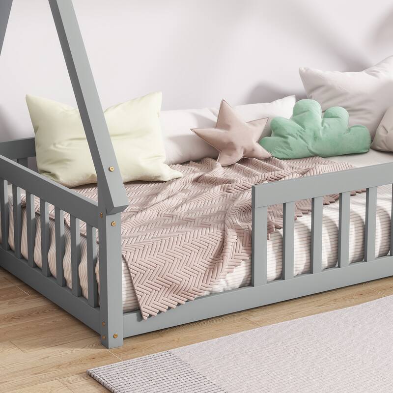 Twin Tent-shaped Floor Bed,Teepee Bed with Guardrails