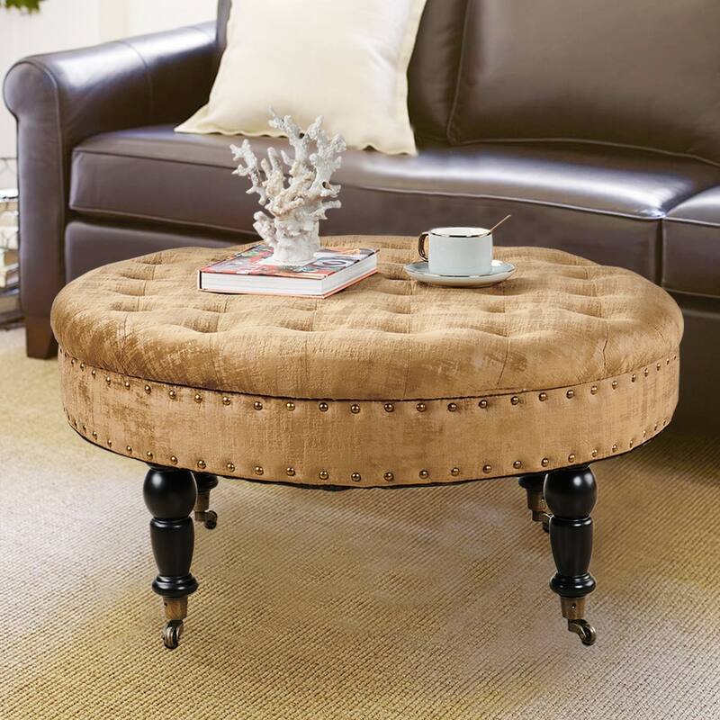 Round Velvet Tufted Coffee Table Ottoman, 34" x 34" x 17" H