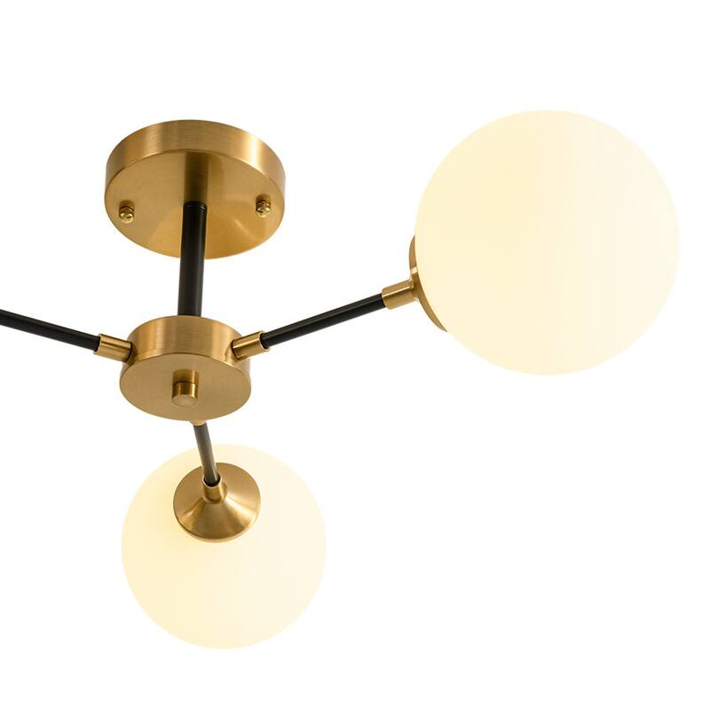 3-Light Brass Black Frosted White Glass Sputnik Semi Flush Mount - 26 Inches