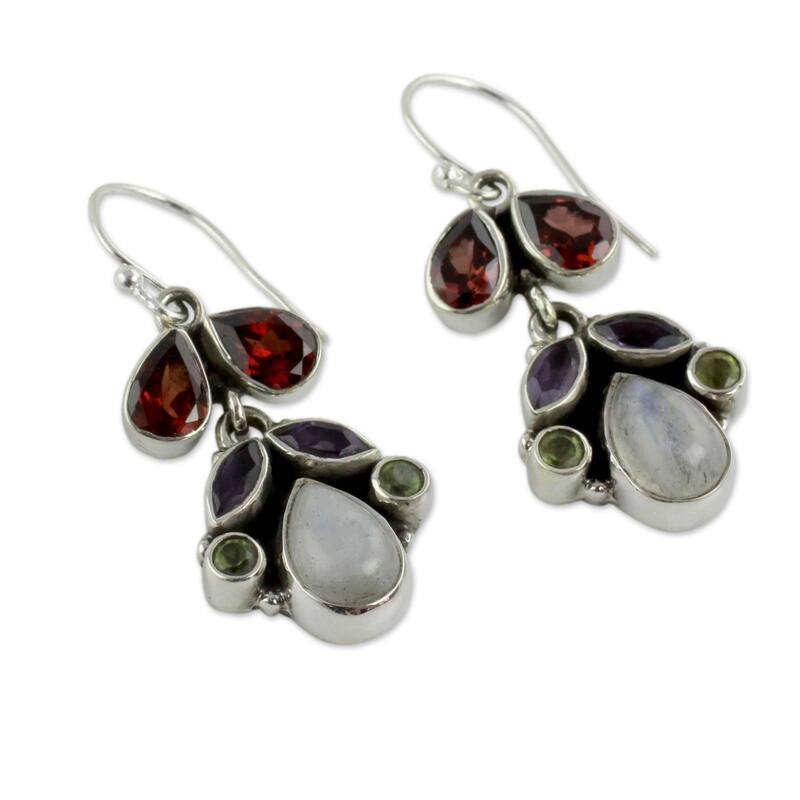 Sterling Silver 'Indian Rainbow' Multi-gemstone Earrings