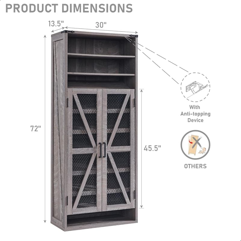 72" Tall Farmhouse Shoe Cabinet, Rustic Wooden Shoe Organizer