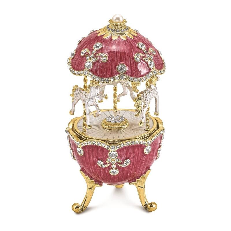 Curata Pewter Crystals Gold-Tone Enameled Carousel (Plays ItS a Small World) Musical Egg Figurine on 18 Inch Necklace