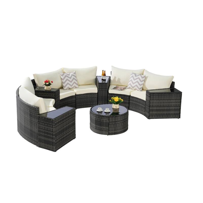 11-Piece Outdoor Half-Round Modular Sectional Sofa Set with Tempered Glass Coffee Table and 4 Side Table