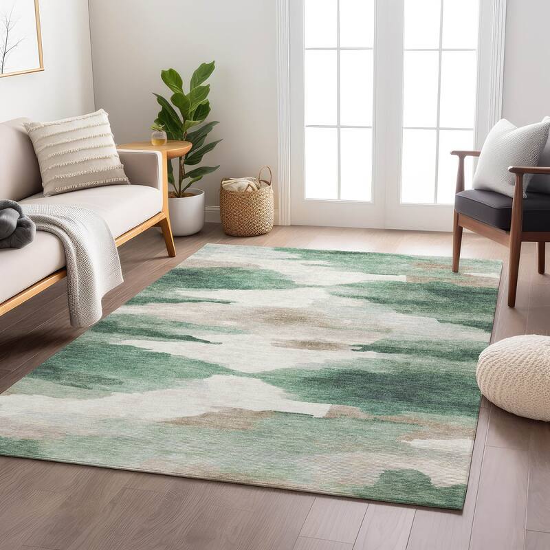 Machine Washable Indoor/ Outdoor Abstract Watercolor Chantille Rug