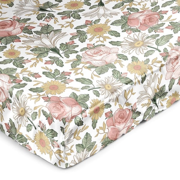 slide 2 of 6, Sweet Jojo Designs Vintage Floral Boho Girl Satin Fitted Crib Sheet Blush Pink Bohemian Shabby Chic Farmhouse Sage Green White