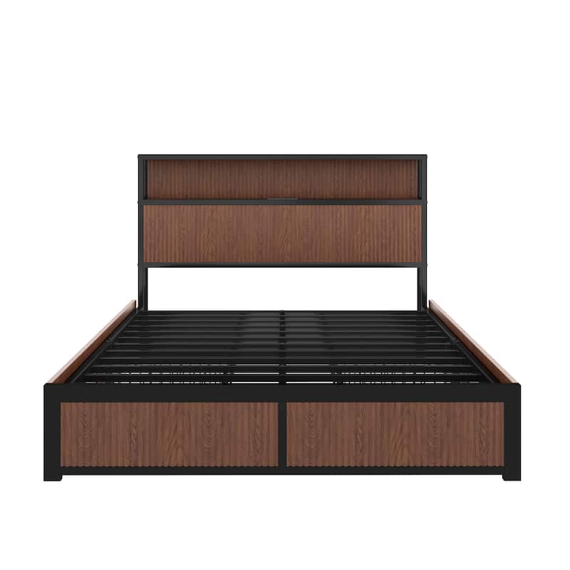 Large Raised-Pattern Storage Bed Frame, Wooden Platform Bed Frame With Multiple Drawer Storage Function, Bedside Socket (Queen)