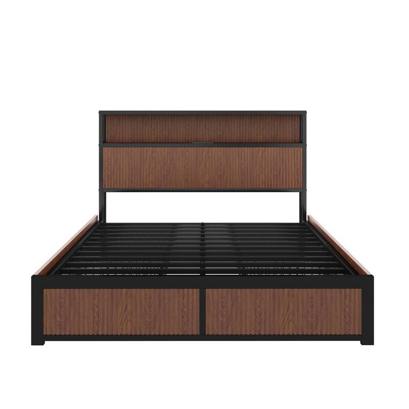 Vertical Fluted Design Low Profile Platform Bed Queen Size Storage Bed Frame with 4 Drawers, USB Ports and Storage Headboard